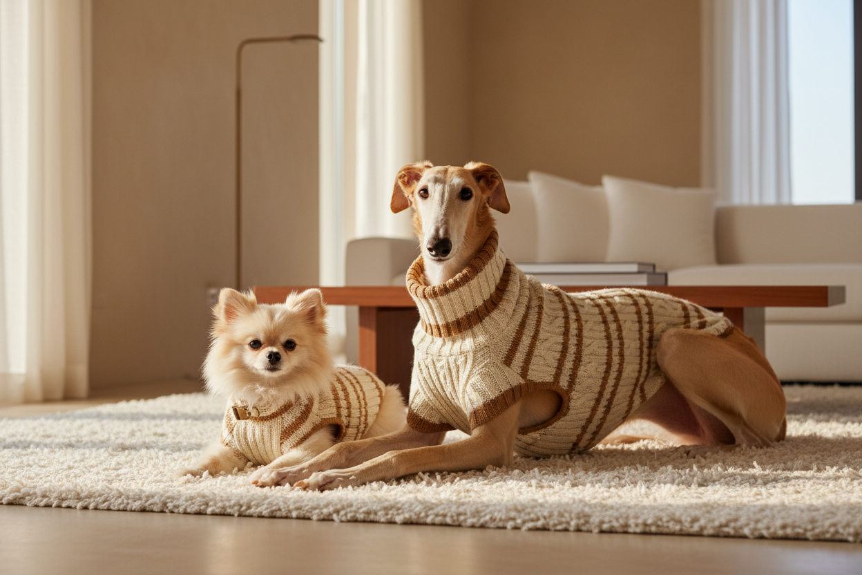 Two dogs matching cream camel sweaters